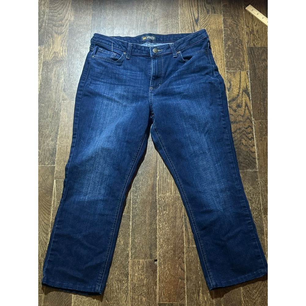Women's Lee Perfect Fit Medium/Dark Wash Blue Jeans Size 14 Short Hemmed 23 Inch